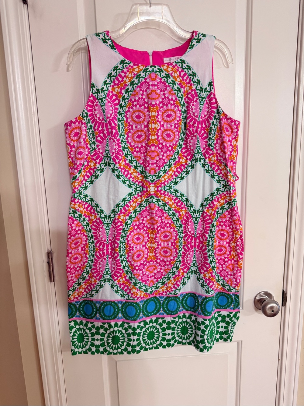 London Times Pink Green Blue Printed Sleeveless Asymmetrical Shift Dress